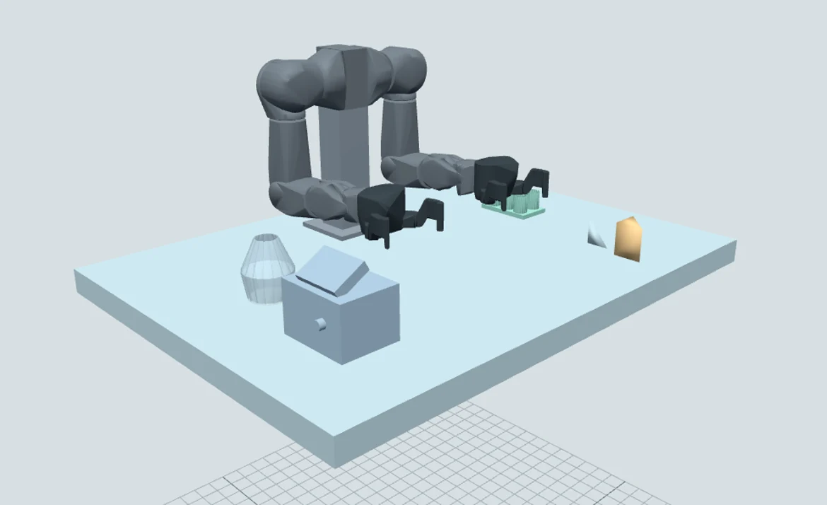OpenArm simulation with a custom instrument housing, hollow vessel and repeated rack components on an authored bench.
